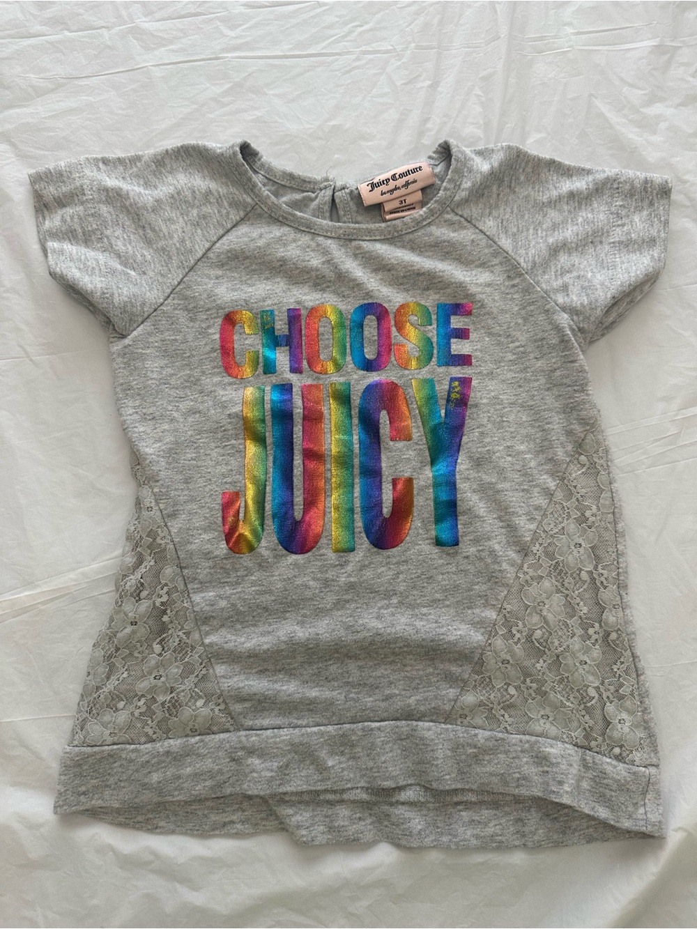 Juicy Couture “Choose Juicy” Gray Lace T‑Shirt Size 3T Rainbow Logo